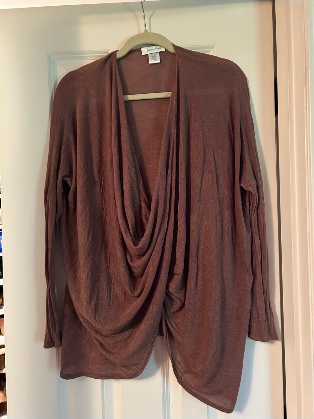 Grace & Lace Draped Open-Front Cardigan — Mauve Brown